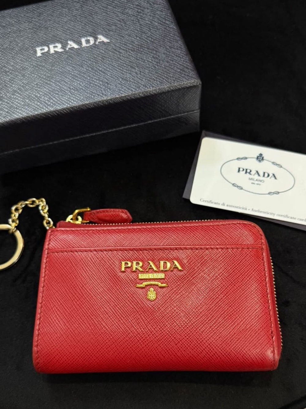Prada Red Saffiano Leather Zip Card Holder with Gold Key Ring - Picture 3 of 5